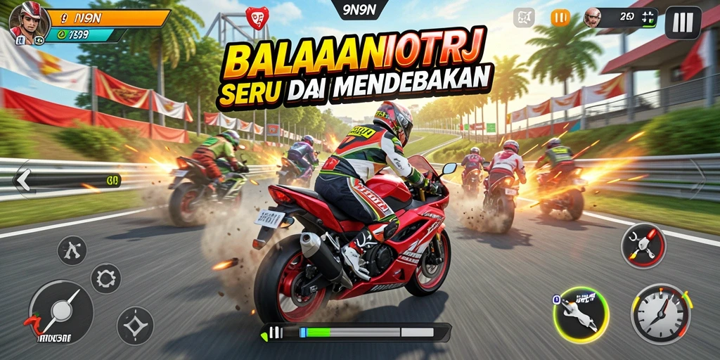 Screenshot menunjukkan aksi balapan motor yang mendebarkan.