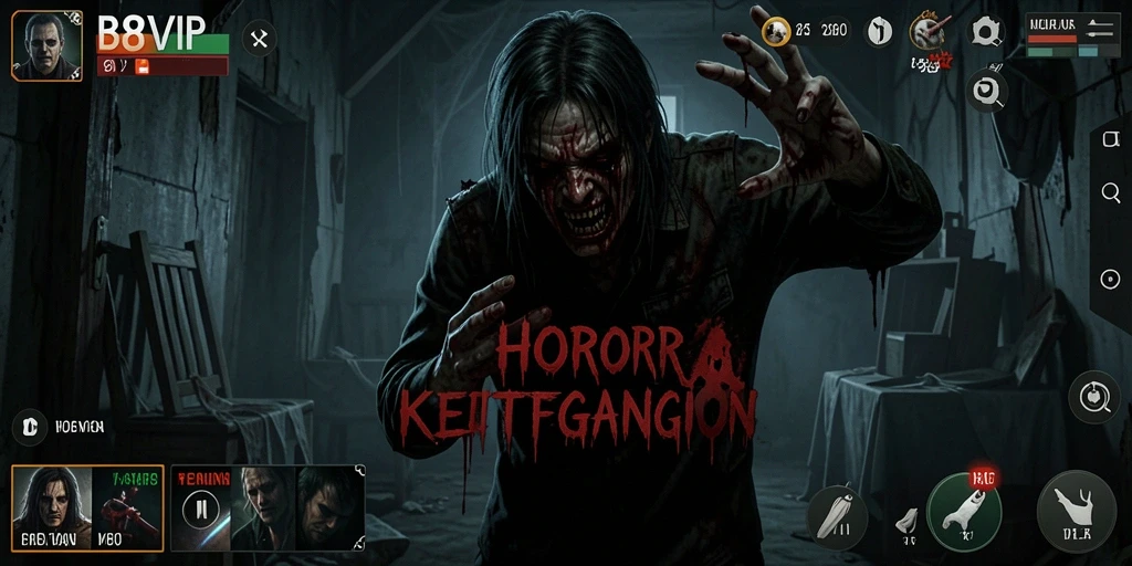 Screenshot B8VIP menampilkan suasana horor yang mencekam dan gameplay mendebarkan.