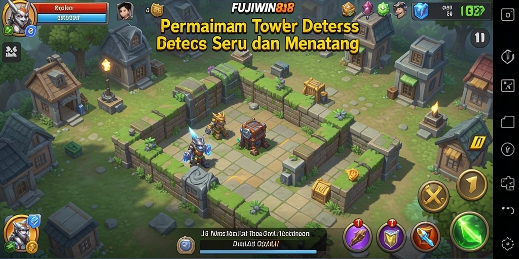Screenshot gameplay FUJIWIN88 menampilkan menara pertahanan yang sedang beraksi.