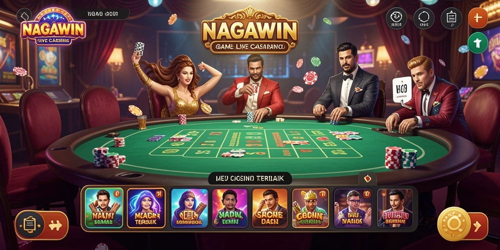 Screenshot NAGAWIN menampilkan dealer cantik sedang berinteraksi dengan pemain dalam permainan Live Casino.