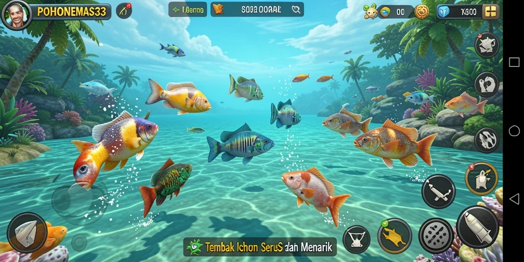 Screenshot POHONEMAS33 menunjukkan aksi menembak ikan yang seru.
