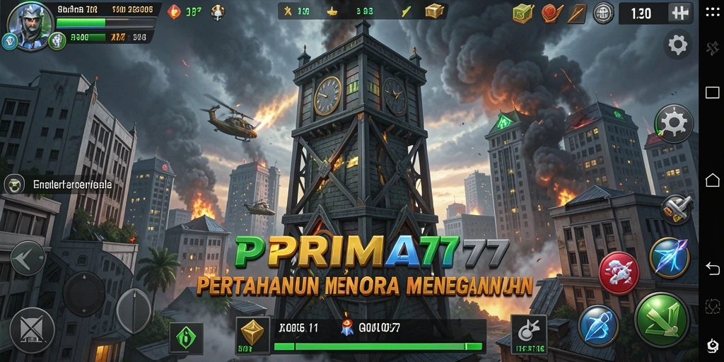 Screenshot gameplay PRIMA77 menampilkan pertarungan menara melawan gelombang musuh.
