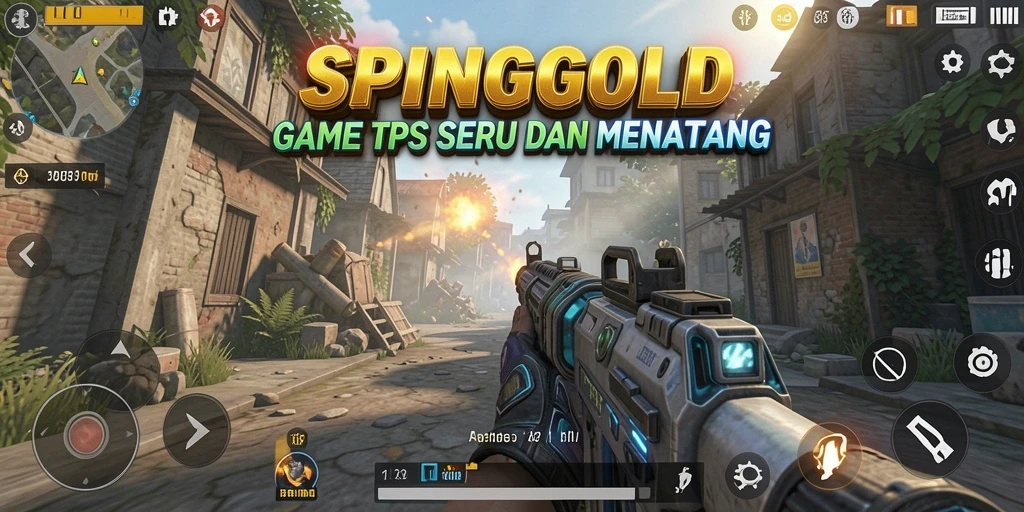 Tampilan gameplay SPINGOLD dengan pertempuran seru dalam mode TPS.