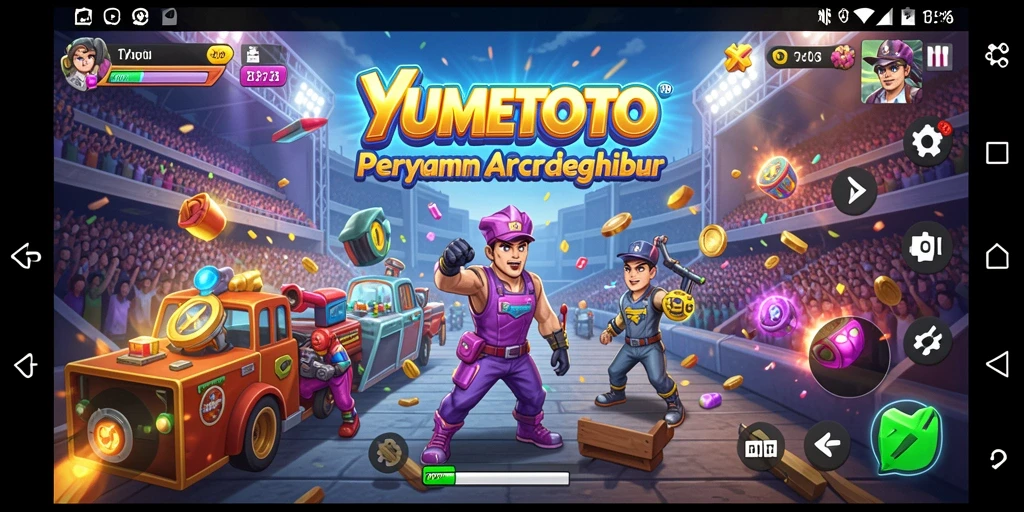 Tangkapan layar YUMETOTO menunjukkan aksi seru dalam permainan Arcade.